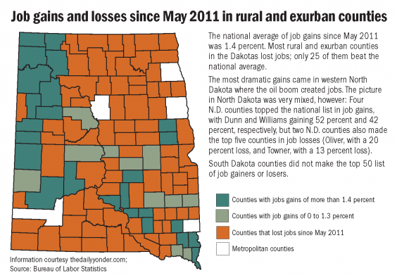 Job Gains and Losses Since May 2011 in Rural and Exurban Dakota Counties. Compiled by dailyyonder.com from Bureau of Labor Statistics information; graphic by Dakotafire Media / www.dakotafire.net