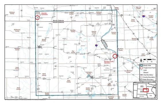 This map indicates the area being studied for a potential transmission line from Big Stone City, S.D., to Ellendale, N.D. Click on the image to go to a larger version.