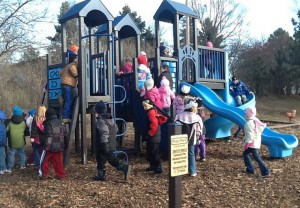 Frederick elementary students try out new play equipment after it was installed at the school last fall. The intended ages for the structure are posted on a sign in front of it. Photo courtesy Frederick Area School