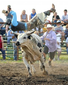 Duffy Ducheaux, of Avon, S.D., goes into low orbit during the July 2 Bull-A-Rama at Wild West Days in Faulkton, S.D.