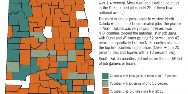 Job Gains and Losses Since May 2011 in Rural and Exurban Dakota Counties. Compiled by dailyyonder.com from Bureau of Labor Statistics information; graphic by Dakotafire Media / www.dakotafire.net