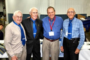 Horton, Inc. chairman of the board Hugh Schilling, presented special Horton neckties to three Britton men who helped bring the manufacturer to Britton 38 years ago. From left to right are Bryce Thoelke, Frank Farrar, Schilling, and Don Franzen. Britton Journal photo