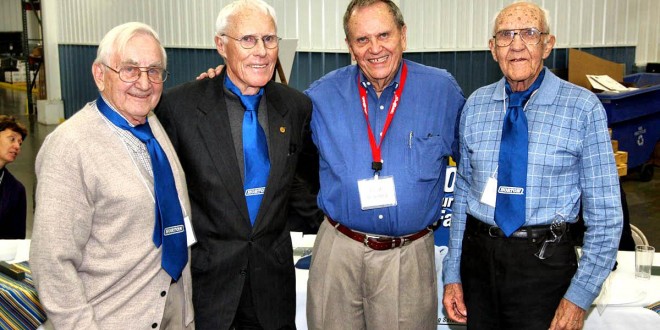Horton, Inc. chairman of the board Hugh Schilling, presented special Horton neckties to three Britton men who helped bring the manufacturer to Britton 38 years ago.  From left to right are Bryce Thoelke, Frank Farrar, Schilling, and Don Franzen. Britton Journal photo