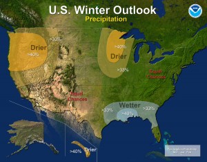 Part of the eastern Dakotas can expect drier conditions this winter, according to the NOAA’s annual Winter Outlook. Image from http://www.noaanews.noaa.gov/stories2012/20121018_winteroutlook.html