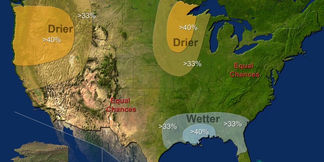 Part of the eastern Dakotas can expect drier conditions this winter, according to the  NOAA’s annual Winter Outlook. Image from http://www.noaanews.noaa.gov/stories2012/20121018_winteroutlook.html
