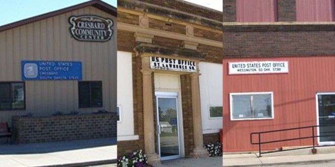 Collage of post offices with upcoming meetings about reduced hours: Cresbard, St. Lawrence and Wessington. Images from waymarking.com