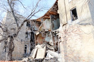 Crumbling wall of Waldorf Hotel in Andover, S.D. Photo by Troy McQuillen.