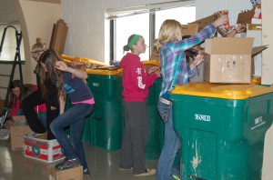 Right: Anissah Carlblom, Kaylee Stevens, Meadow Malone, Chase McFarland and Victoria Sandness are among the students helping with recycling preparation at North Sargent school. Photo by Kirstin Kempel