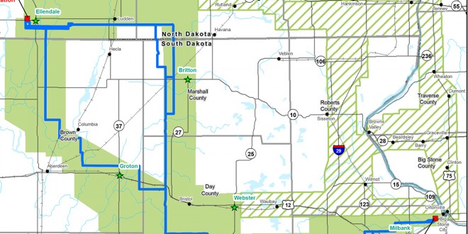 The blue line shows the proposed route options for the new transmission line. The green areas show those still under consideration, while the green hashed areas show routes no longer being considered for the line. Image from www.bssetransmissionline.com