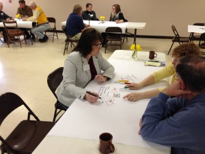 Paula Jensen discusses the topic of transportation with other participants in the Dakotafire Café in Britton on March 28. Photo by Joe Bartmann
