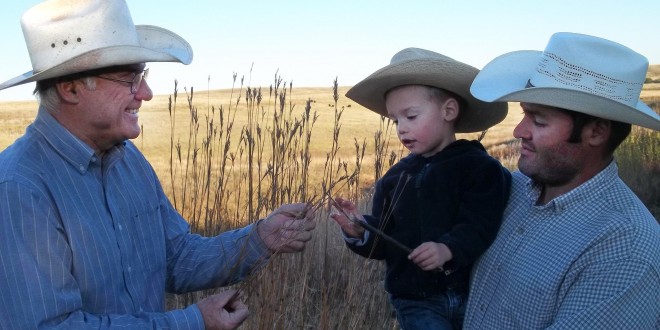 Much of the work at Rock Hills Ranch has been handed over to Lyle Perman’s son, Luke Perman, pictured at right. He’s holding a member of the next generation, Isaac, who’s getting a lesson from his grandfather Lyle. Photo courtesy Rock Hills Ranch